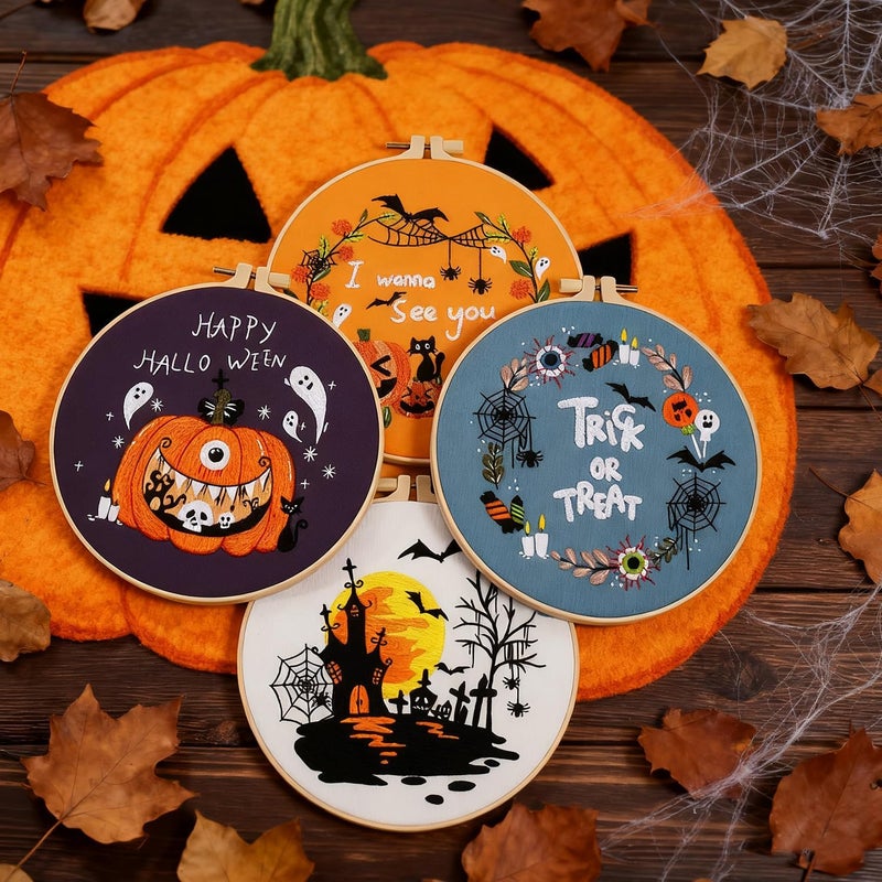 BBLYBD Halloween Embroidery Kit, Pumpkin Cross Stitch Kits, 4 Set Craft Kits for Beginners with Pre-Printed Embroidery Fabric, Hoops, Step-by-Step Instructions, Color Threads & Needles (Halloween-4 Set) - Image 2